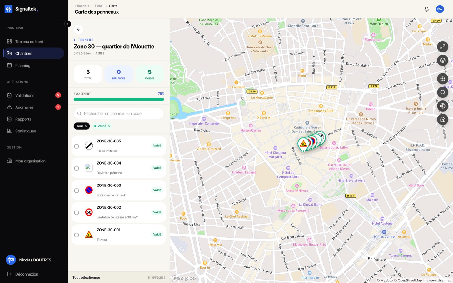 Carte des panneaux d'un chantier avec leurs statuts