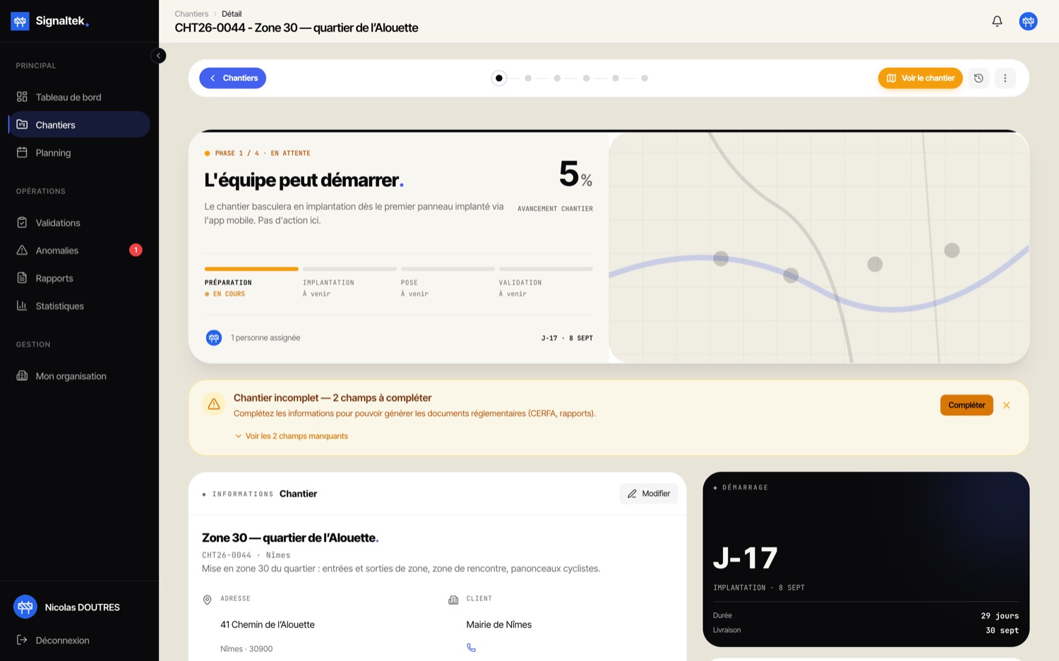 Fiche chantier en préparation dans Signaltek