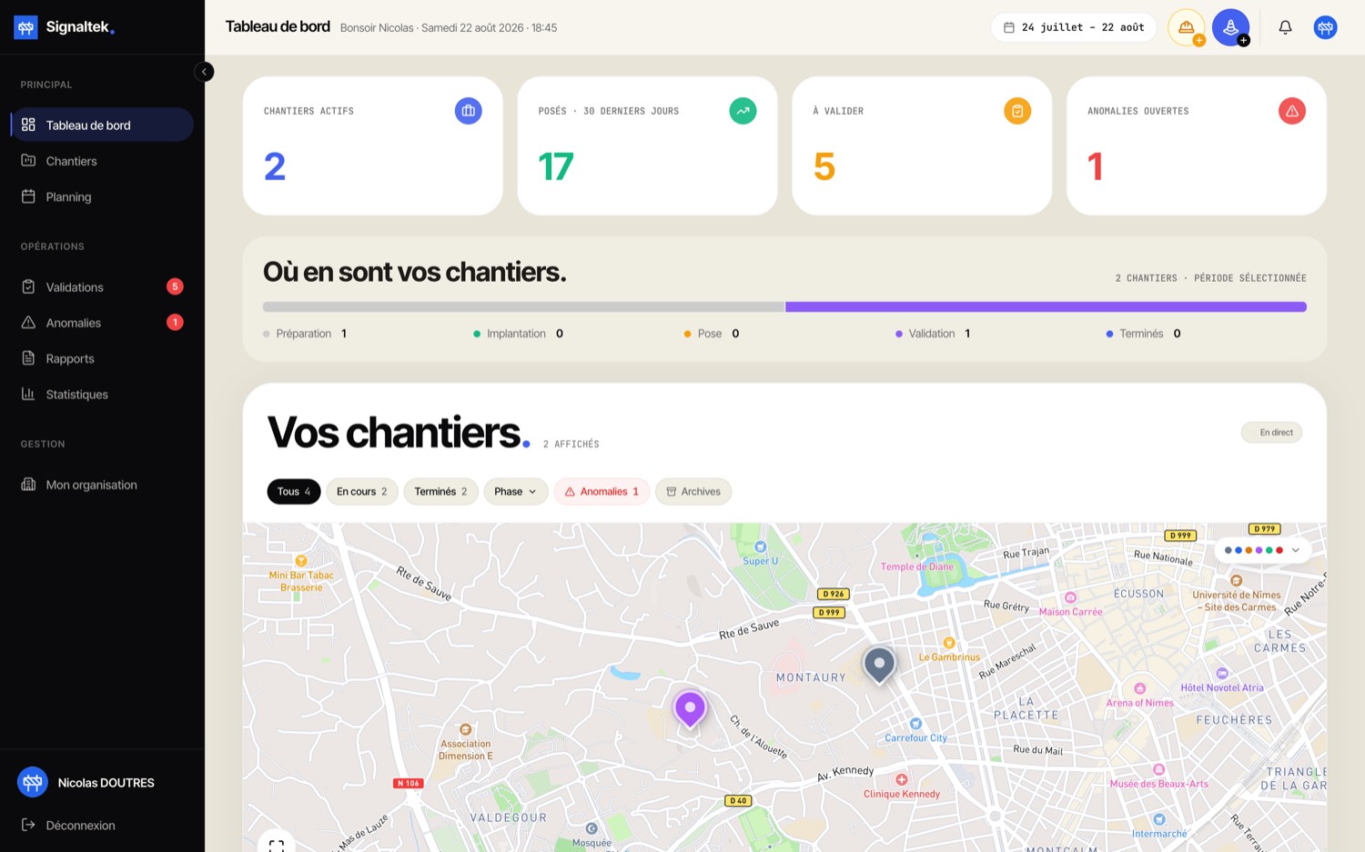 Tous les chantiers sur la carte avec leur phase