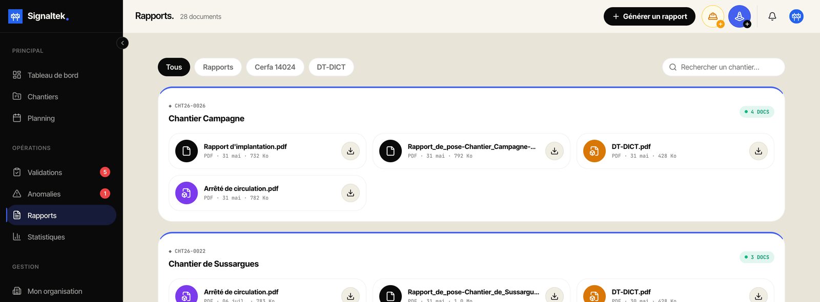 Documents générés par chantier : rapports, Cerfa, DT-DICT, arrêté