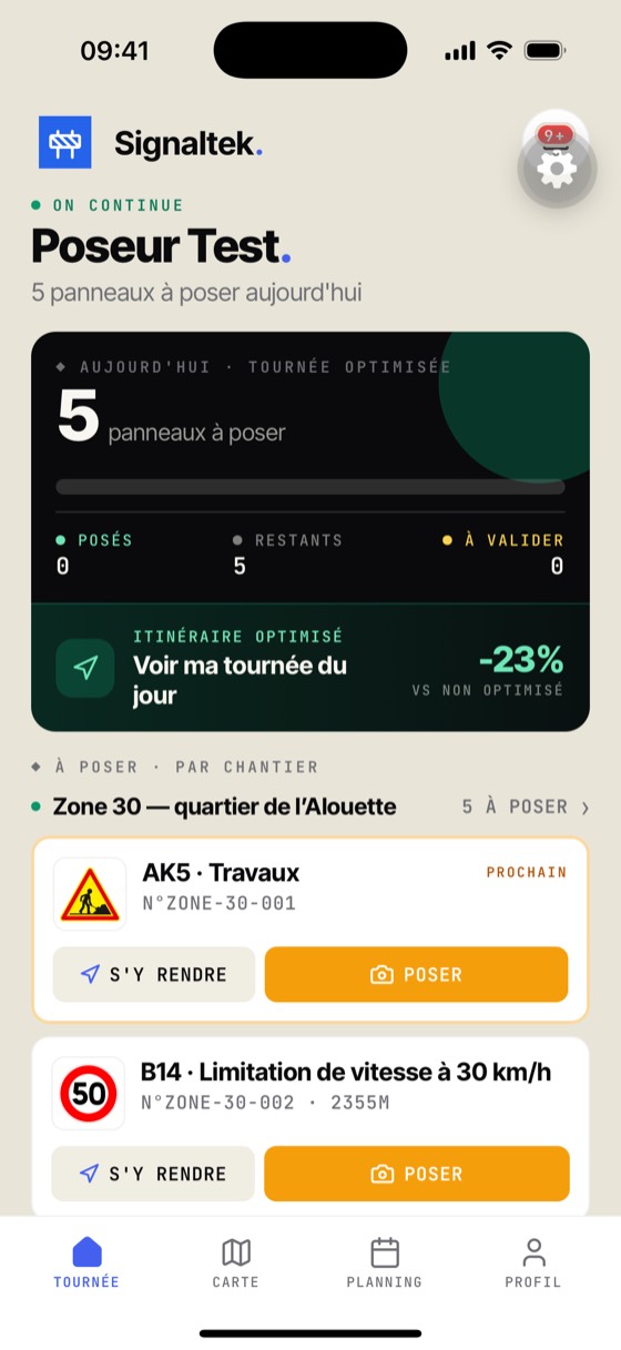 Tournée du jour d'un poseur dans l'application mobile